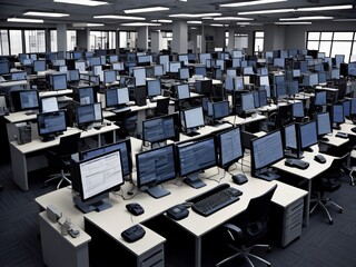 A computer lab with rows of computers and desks