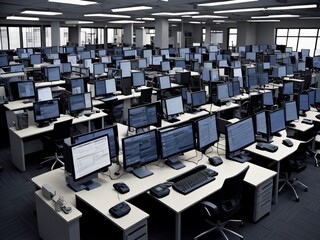 Obraz premium A computer lab with rows of computers and desks