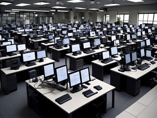 A computer lab with rows of computers and desks