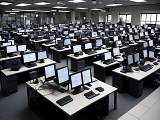 Obraz premium A computer lab with rows of computers and desks