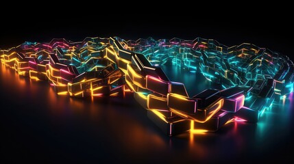 Neon 3D Illustration Blockchain Technologie, Blockchain concept - Chain of network connections. 3d rendering, Blockchain form lines, triangles and particle style design