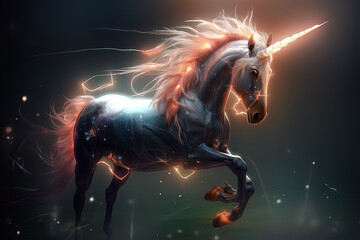 Obraz na płótnie Canvas Image of a unicorn horse with light and lightning on a dark background. Wildlife Animals. Illustration, generative AI.