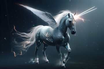 Naklejka na ściany i meble Image of a unicorn horse with light and lightning on a dark background. Wildlife Animals. Illustration, generative AI.
