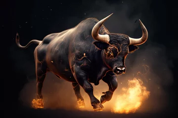 Gordijnen Image of an angry bull with flames. Wild animal. illustration, generative AI. © yod67