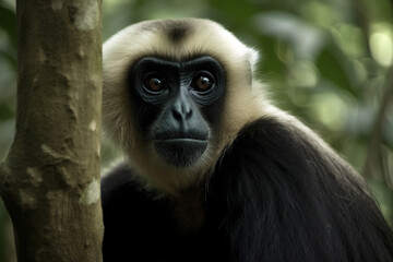 Obraz premium Image of pileated gibbon on the tree on nature background. Wildlife Animals. Illustration, generative AI.