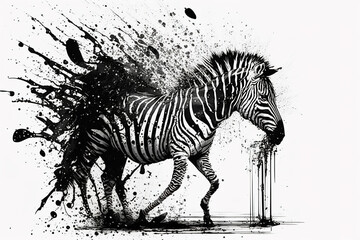 Fototapeta na wymiar Image of an zebra drawing using a brush and black ink on white background. Wildlife Animals. Illustration, generative AI.