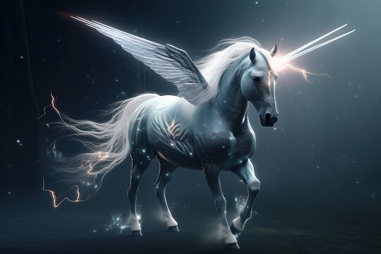 Image of a unicorn horse with light and lightning on a dark background. Wildlife Animals. Illustration, generative AI.