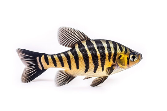 Image of siamese tigerfish on a white background. Underwater animals. Fishs. Illustration. Generative AI.