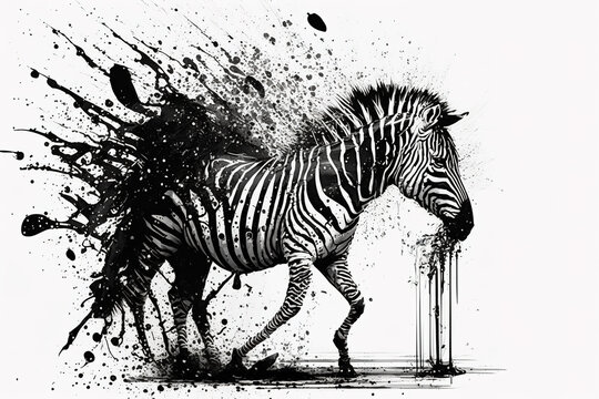 Image of an zebra drawing using a brush and black ink on white background. Wildlife Animals. Illustration, generative AI.