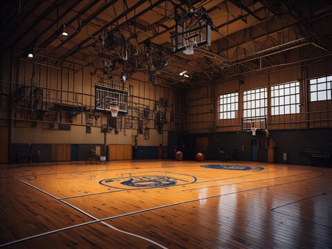 A Gymnasium With Basketball Hoops And Bleachers