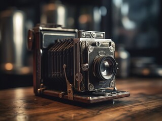A close-up photo of an antique camera, with intricate metal and leather design. The visible wear and tear adds character and history.