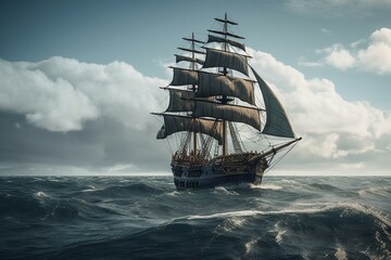 Fototapeta na wymiar Ship sailing on a cloudy sea. Generative AI
