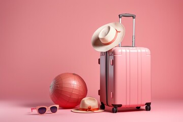 Summer travel setup with suitcase, beach chair, umbrella, and ball on pink background. Generative AI