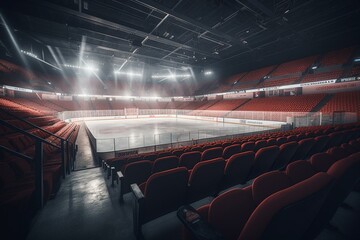 A stunning ice hockey arena with VIP seating, red seats, and floodlights for 50k spectators - 3D modeled. Generative AI