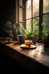A peaceful morning scene with a cup of fasting tea sitting on a wooden table, surrounded by plants and natural light.