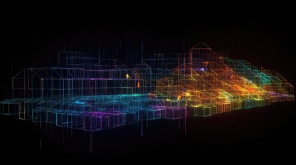 Neon 3D Blockchain Technologie, Blockchain concept - Chain of network connections. 3d rendering, Blockchain form lines, triangles and particle style design