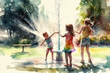 Kids playing in a sprinkler, Summer, watercolor style Generative AI