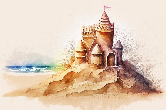 Sandcastle on the beach, Summer, watercolor style Generative AI