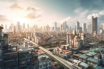 Fototapeta na wymiar Illustration of a panoramic cityscape with skyscrapers. Generative AI