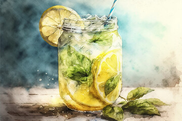 A cool glass of lemonade, Summer, watercolor style Generative AI