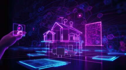 neon smart home virtual world application technology with neon glow icons, Smart home concept. Remote control and home management