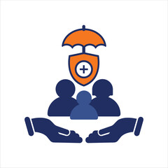 family and group insurance plan with shield icon  blue and orange insurance flat icon