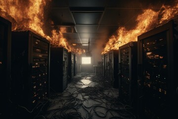 Fire in server or data storage room. Generative AI