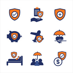blue and orange insurance flat icon elements set