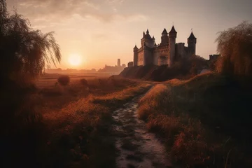 Deurstickers Medieval urban castle and rural landscape during sunrise. Generative AI © Torin