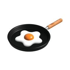 Fried egg in a Skillet frying pan with a wooden handle icon isolated on white background, realistic 3d fried egg in a black pan. Vector illustration