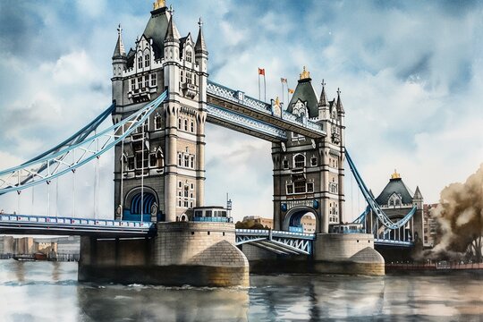 A watercolor painting depicting Tower Bridge in London, England. Generative AI