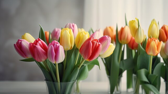 Close up of tulips on a light grey blurred background. Generated ai.