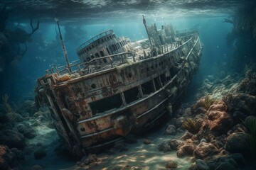 Naklejka premium Illustration of a sunken shipwreck at the ocean floor. Generative AI