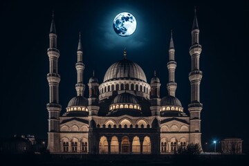 Fototapeta na wymiar A large mosque set against a rich blue full moon. Generative AI