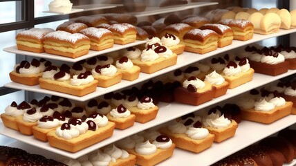 a pastry shop or cafe. Tasty french sweets on window shop by ai generated