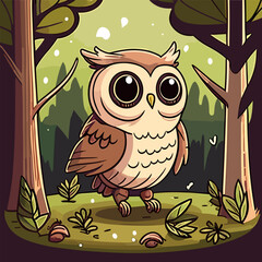  Cute Little Owl Owlet in a Fairy Forest. Flat Cartoon Vector Illustration for Children