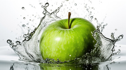 Fototapeta na wymiar Fresh green apple and splash of water on white background, generative ai