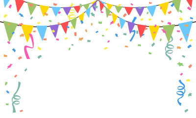 Celebrate hanging triangular garlands with confetti. Colorful perspective flags party isolated on white background. Birthday, Christmas, anniversary, and festival fair concept. Vector illustration. - obrazy, fototapety, plakaty