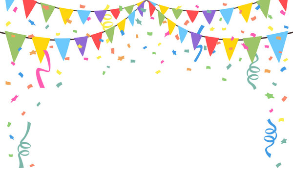 Celebrate hanging triangular garlands with confetti. Colorful perspective flags party isolated on white background. Birthday, Christmas, anniversary, and festival fair concept. Vector illustration.