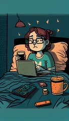 Man or woman working remotely from home, from the bed with laptop computer. Freelance job. Busy remote worker lying in bed with laptop. Work overload concept. 