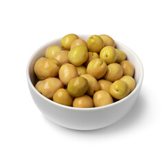 Bowl with green Turkish olives close up isolated on white background