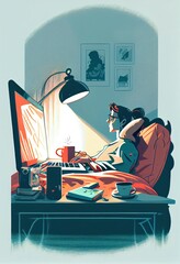 Man or woman working remotely from home, from the bed with laptop computer. Freelance job. Busy remote worker lying in bed with laptop. Work overload concept. 
