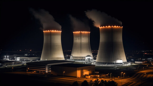 Night lights of nuclear power station, generative ai