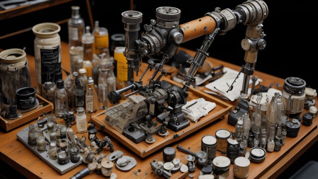 A dissecting microscope with a tray of specimen samples