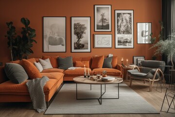 Orange poster frame in modern Scandinavian living room. Generative AI