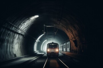 Train passing through lit tunnel alongside track with blurry base. Generative AI