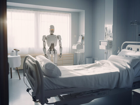 white and bright hospital room. a smiling middle-aged patient lying on a bed. there is a robot as a doctor. cinematic light, generative ai