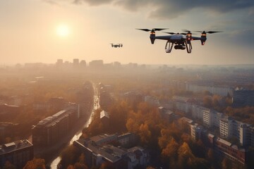 Fototapeta na wymiar Unmanned drone soaring over urban landscape. Generative AI