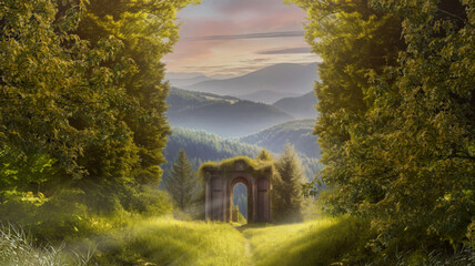 Märchenhafter Wald mit romantischem Tor in mystischer Lichtstimmung, mit Bergen im Hintergrund, Generative AI, KI