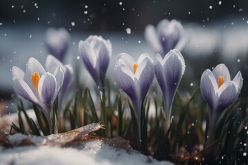 Illustration of snow-covered crocuses created using technology. Generative AI